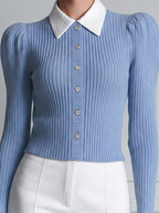 Blue Preppy Ribbed Knit Button Front Blouse