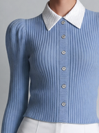 Blue Preppy Ribbed Knit Button Front Blouse