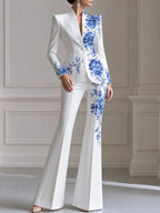 Blue Floral Print Single-Button Blazer And Flared Pants Set