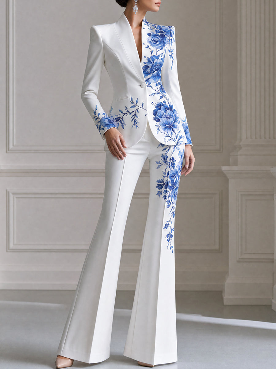Blue Floral Print Single-Button Blazer And Flared Pants Set
