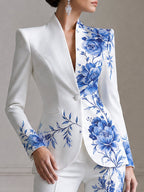 Blue Floral Print Single-Button Blazer And Flared Pants Set