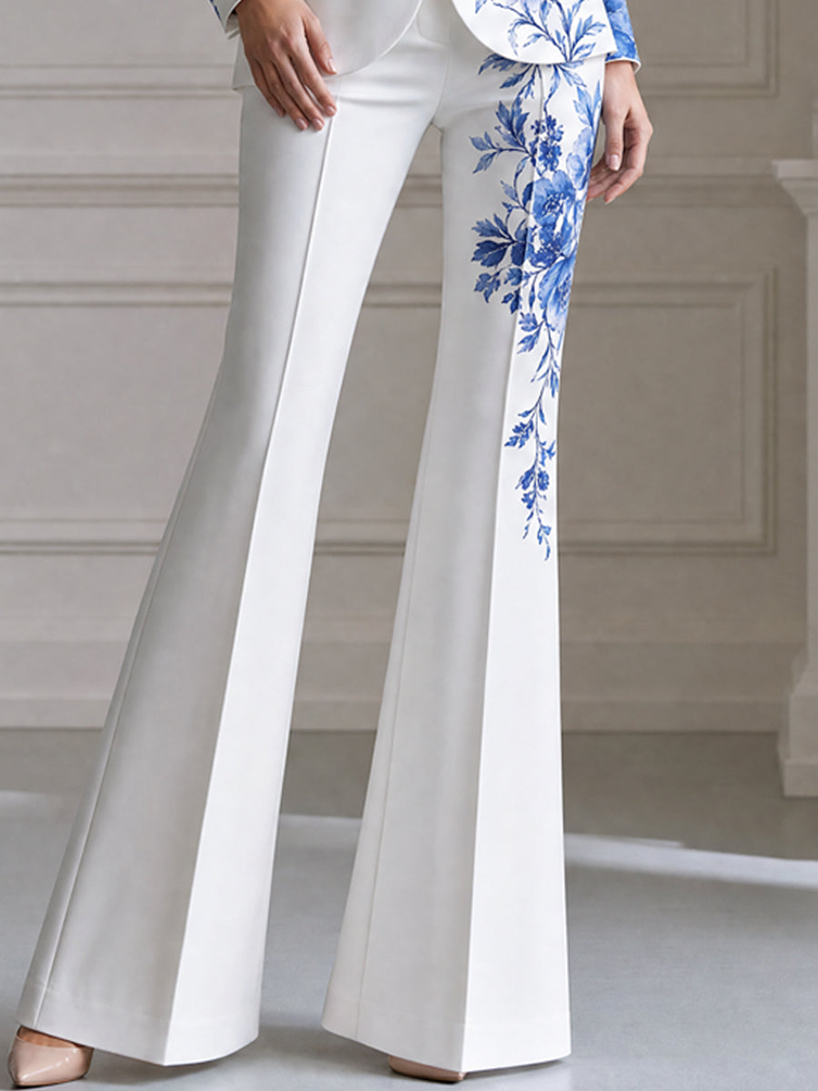 Blue Floral Print Single-Button Blazer And Flared Pants Set