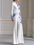 Blue Floral Print Single-Button Blazer And Flared Pants Set