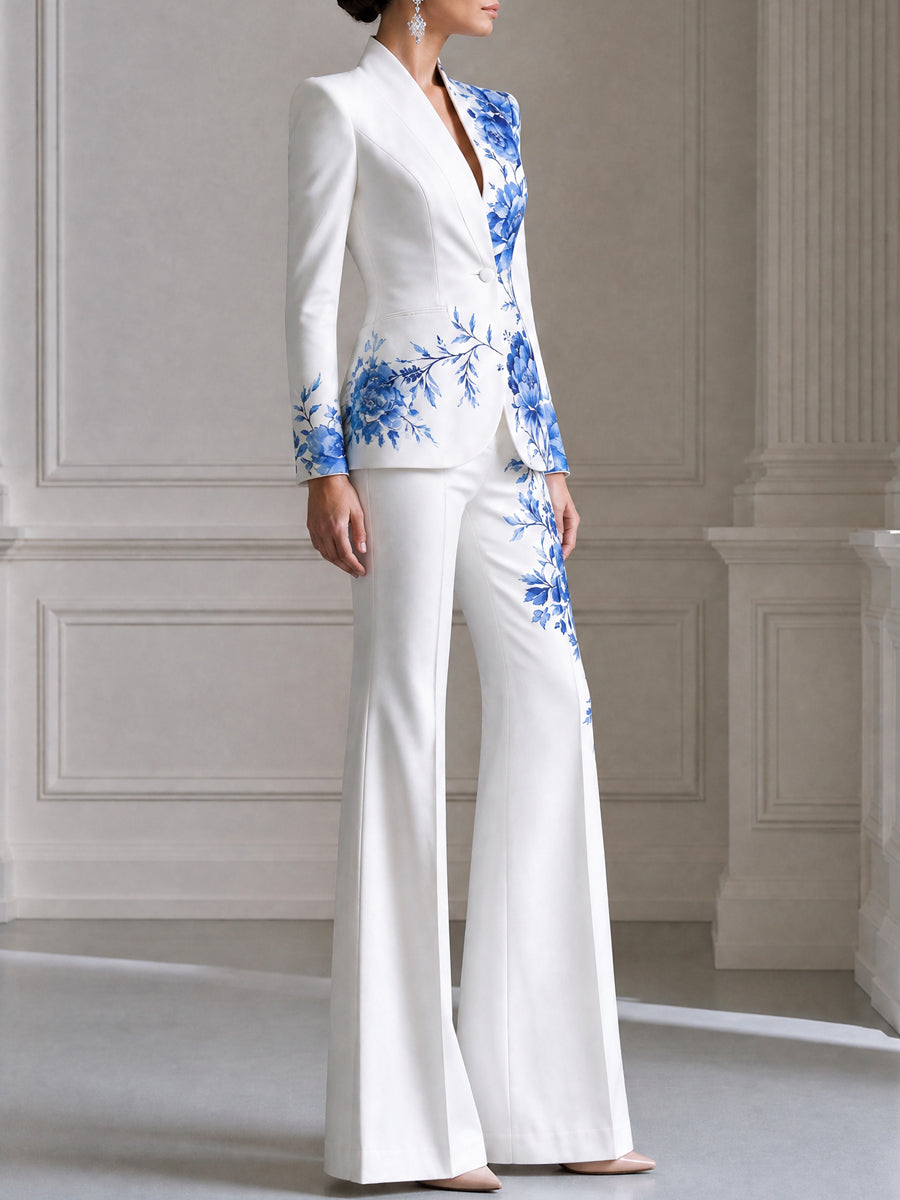 Blue Floral Print Single-Button Blazer And Flared Pants Set