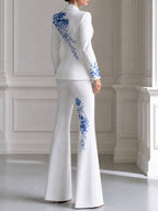 Blue Floral Print Single-Button Blazer And Flared Pants Set