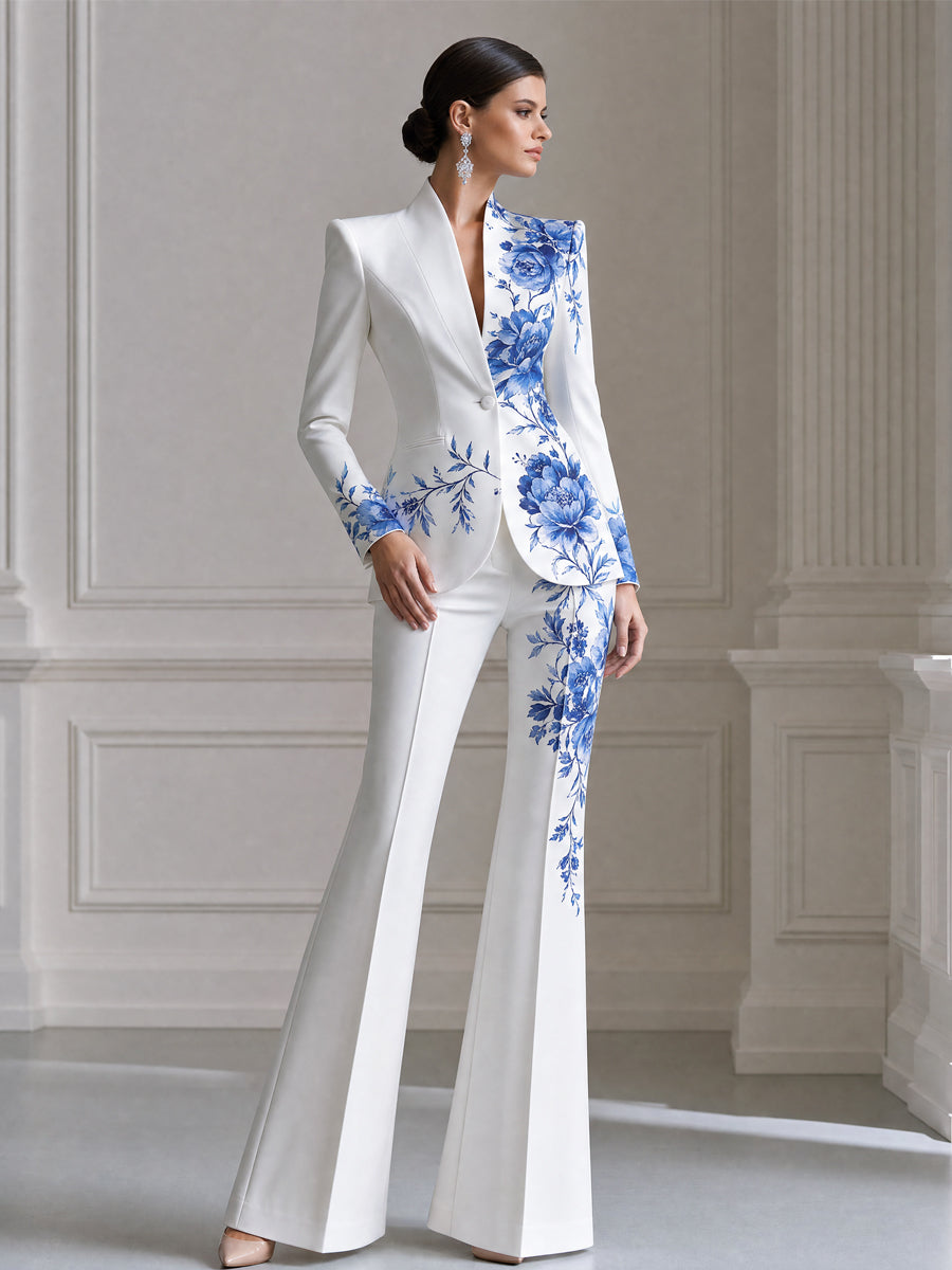 Blue Floral Print Single-Button Blazer And Flared Pants Set