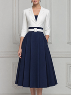 White Dress Fall Wedding Guest Dress Navy Pleated A-Line Blazer Midi Dress