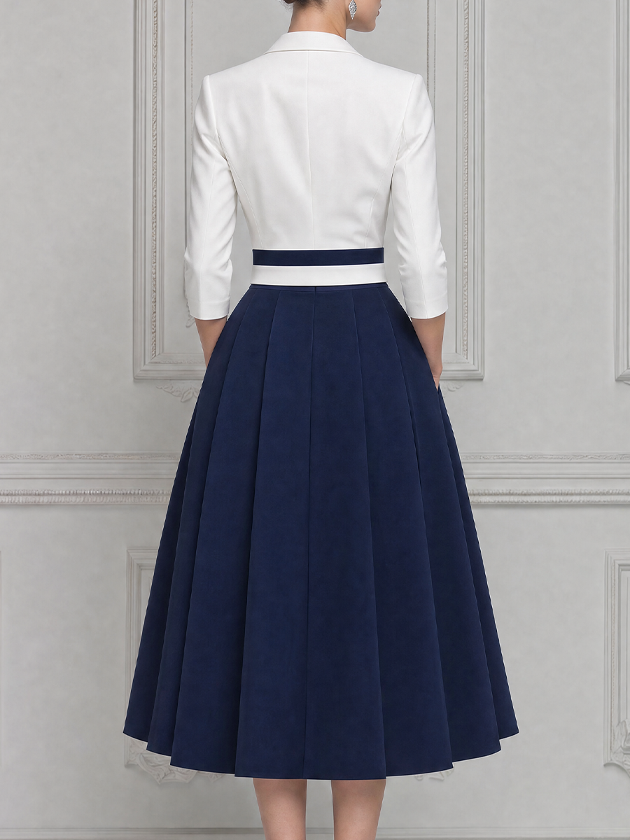 White Dress Fall Wedding Guest Dress Navy Pleated A-Line Blazer Midi Dress