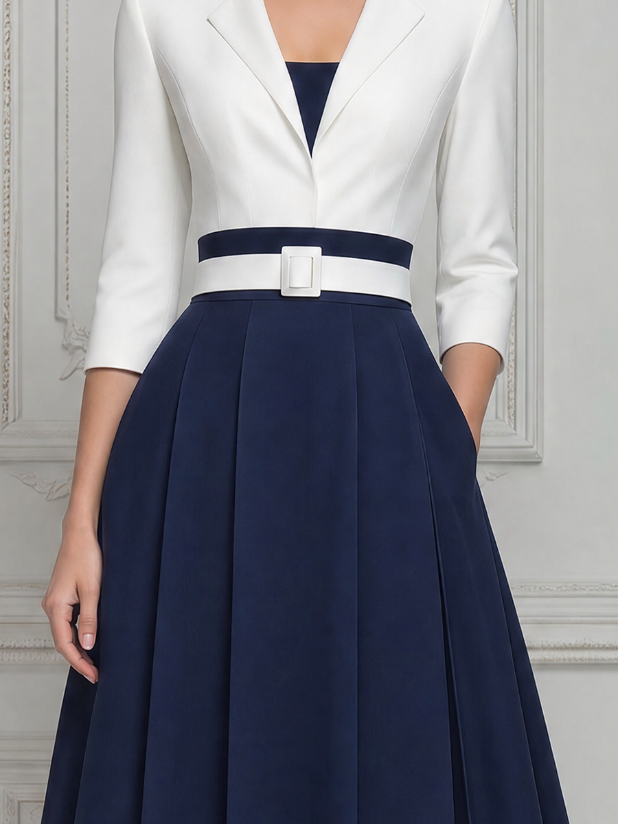 White Dress Fall Wedding Guest Dress Navy Pleated A-Line Blazer Midi Dress