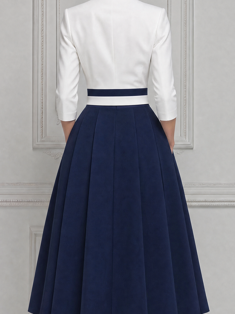 White Dress Fall Wedding Guest Dress Navy Pleated A-Line Blazer Midi Dress