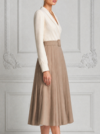 White Dress Fall Wedding Guest Dress Belted Pleated A-Line Midi Dress