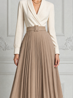White Dress Fall Wedding Guest Dress Belted Pleated A-Line Midi Dress