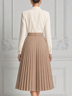 White Dress Fall Wedding Guest Dress Belted Pleated A-Line Midi Dress