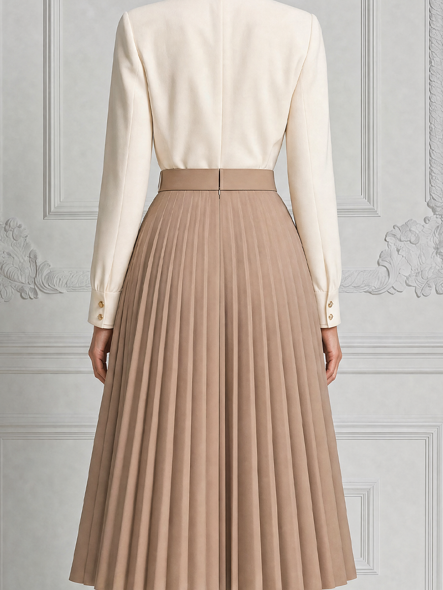 White Dress Fall Wedding Guest Dress Belted Pleated A-Line Midi Dress