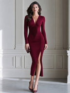 Fringe Detail Ruched V-Neck Bodycon Slit Midi Dress