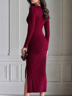 Fringe Detail Ruched V-Neck Bodycon Slit Midi Dress