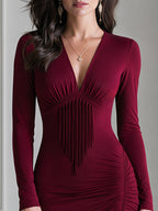Fringe Detail Ruched V-Neck Bodycon Slit Midi Dress
