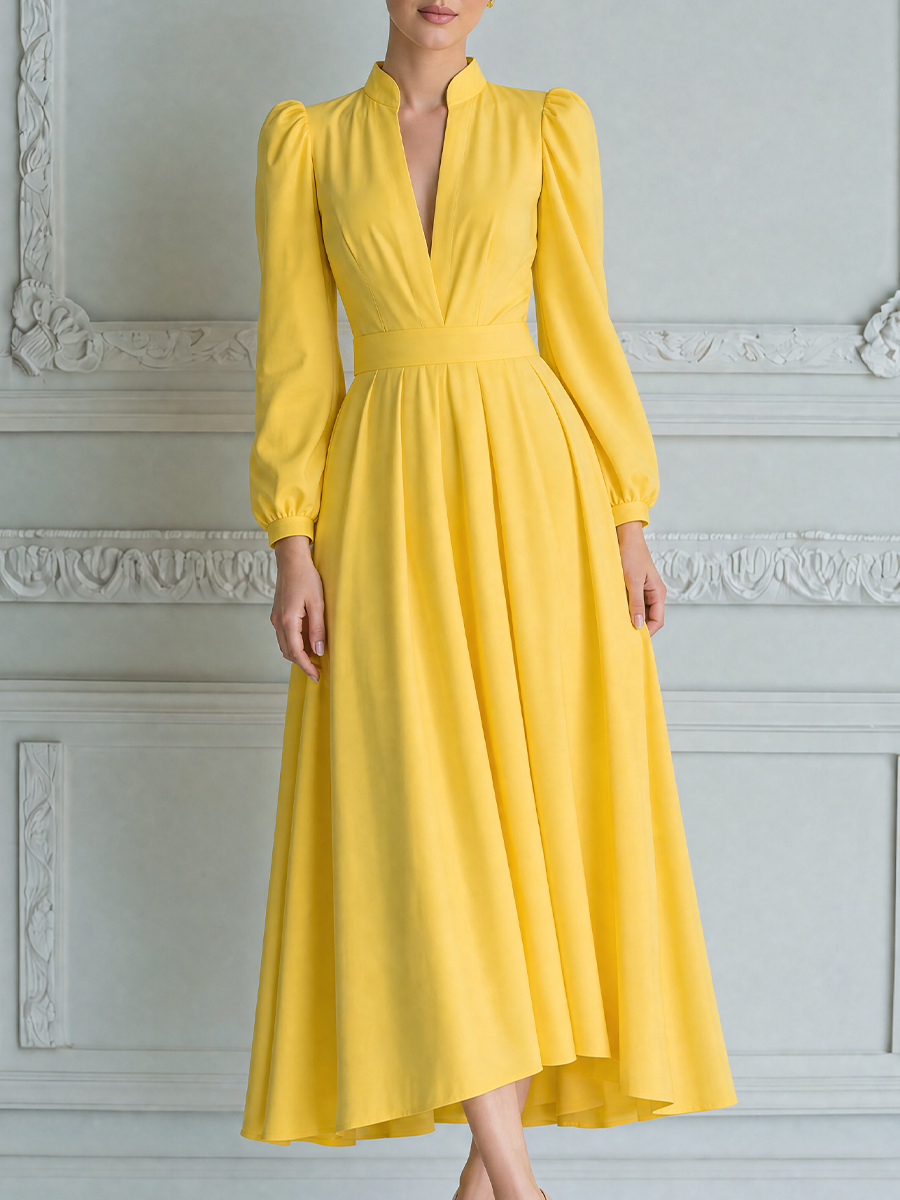 Yellow Dress Fall Wedding Guest Dress Stand Collar Puff Sleeve A-Line Midi Dress