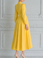Yellow Dress Fall Wedding Guest Dress Stand Collar Puff Sleeve A-Line Midi Dress