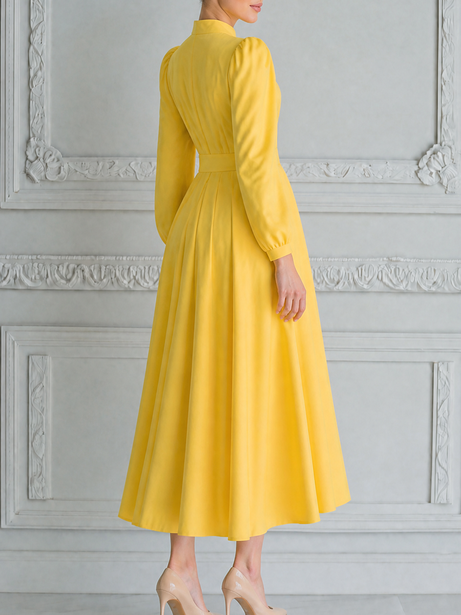 Yellow Dress Fall Wedding Guest Dress Stand Collar Puff Sleeve A-Line Midi Dress