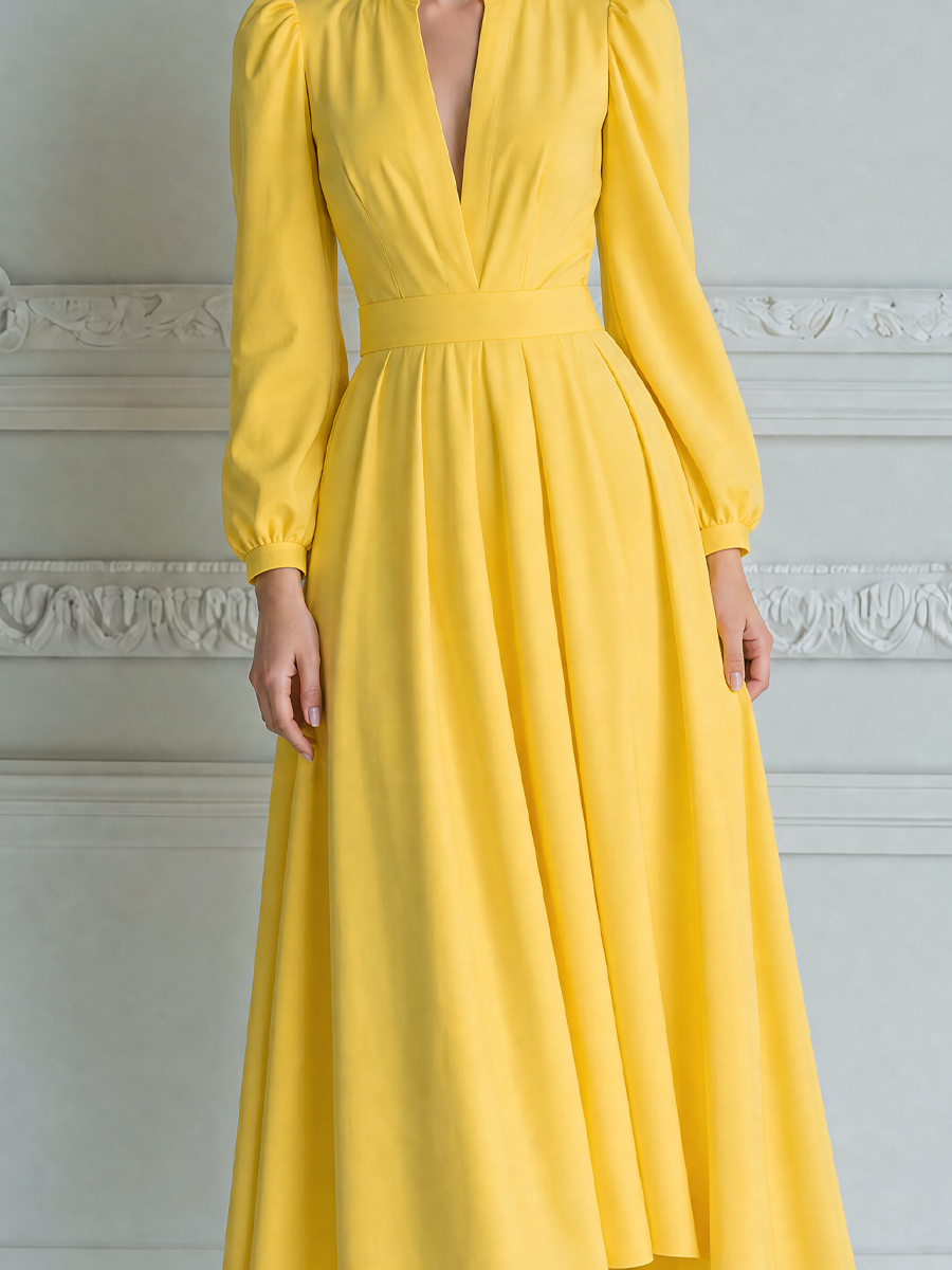 Yellow Dress Fall Wedding Guest Dress Stand Collar Puff Sleeve A-Line Midi Dress