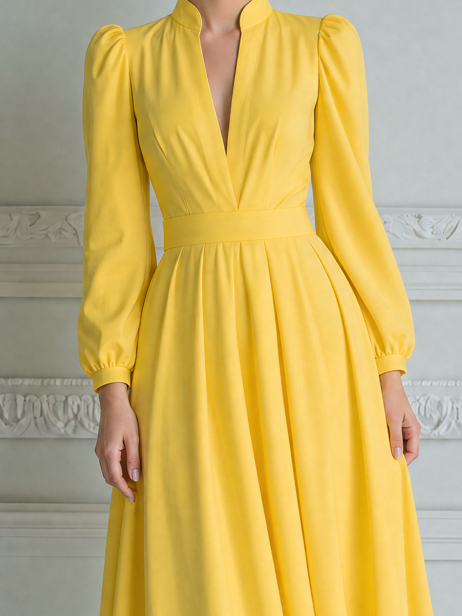 Yellow Dress Fall Wedding Guest Dress Stand Collar Puff Sleeve A-Line Midi Dress