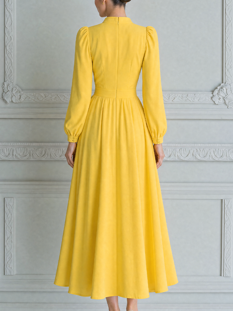 Yellow Dress Fall Wedding Guest Dress Stand Collar Puff Sleeve A-Line Midi Dress