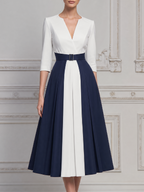 White Dress Fall Wedding Guest Dress Navy Belted A-Line Midi Dress