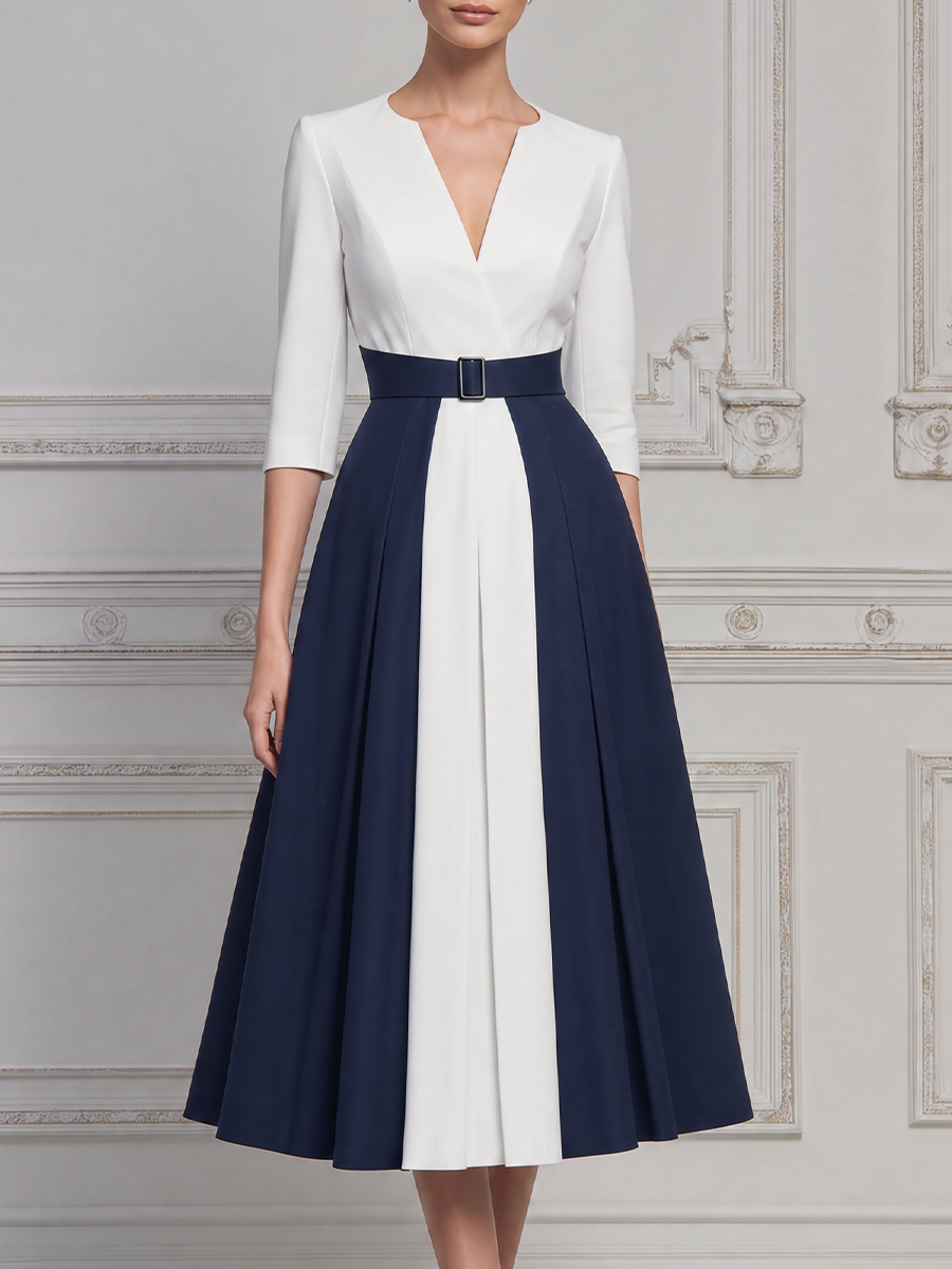 White Dress Fall Wedding Guest Dress Navy Belted A-Line Midi Dress