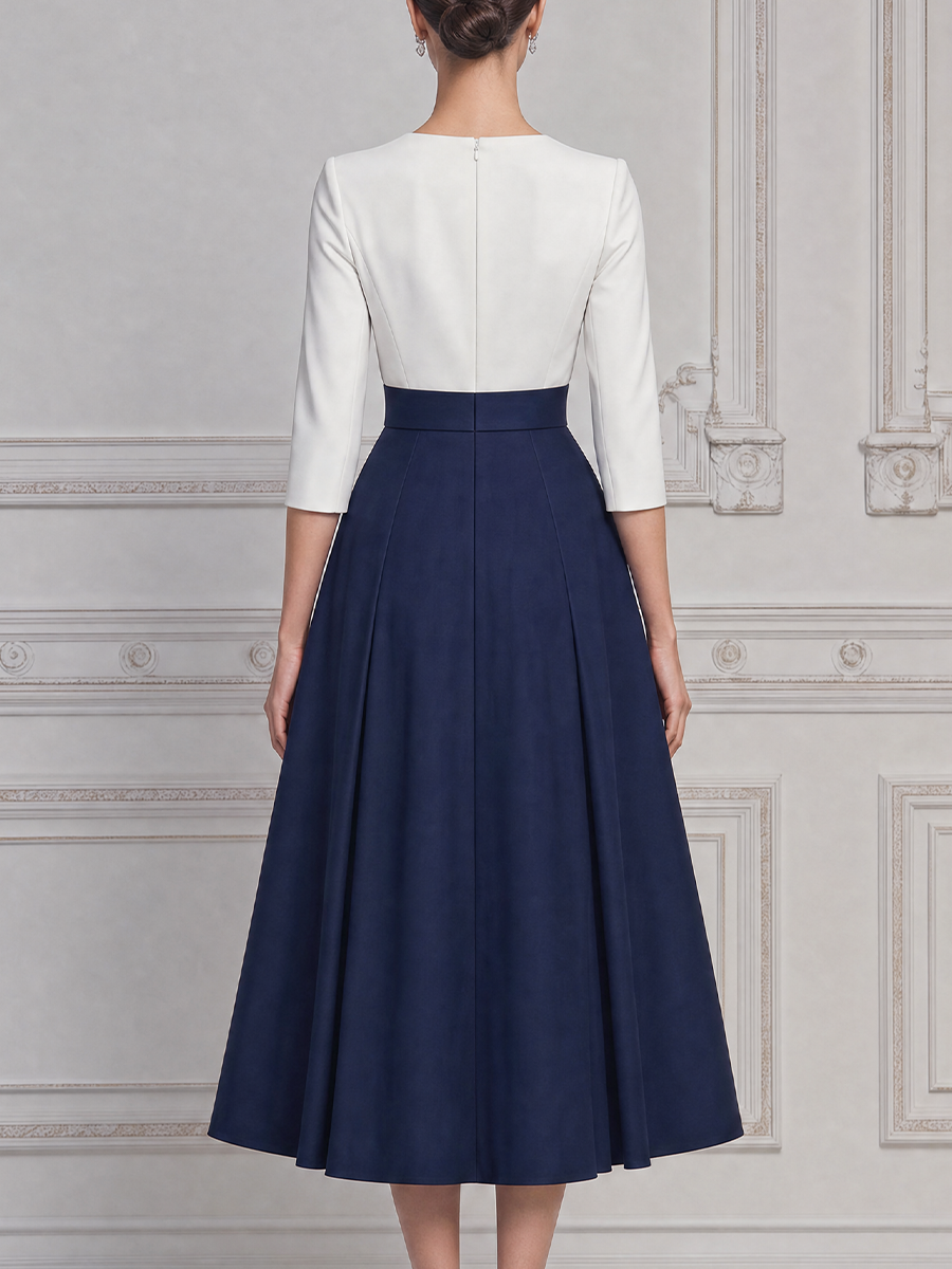White Dress Fall Wedding Guest Dress Navy Belted A-Line Midi Dress