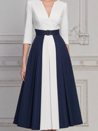 White Dress Fall Wedding Guest Dress Navy Belted A-Line Midi Dress