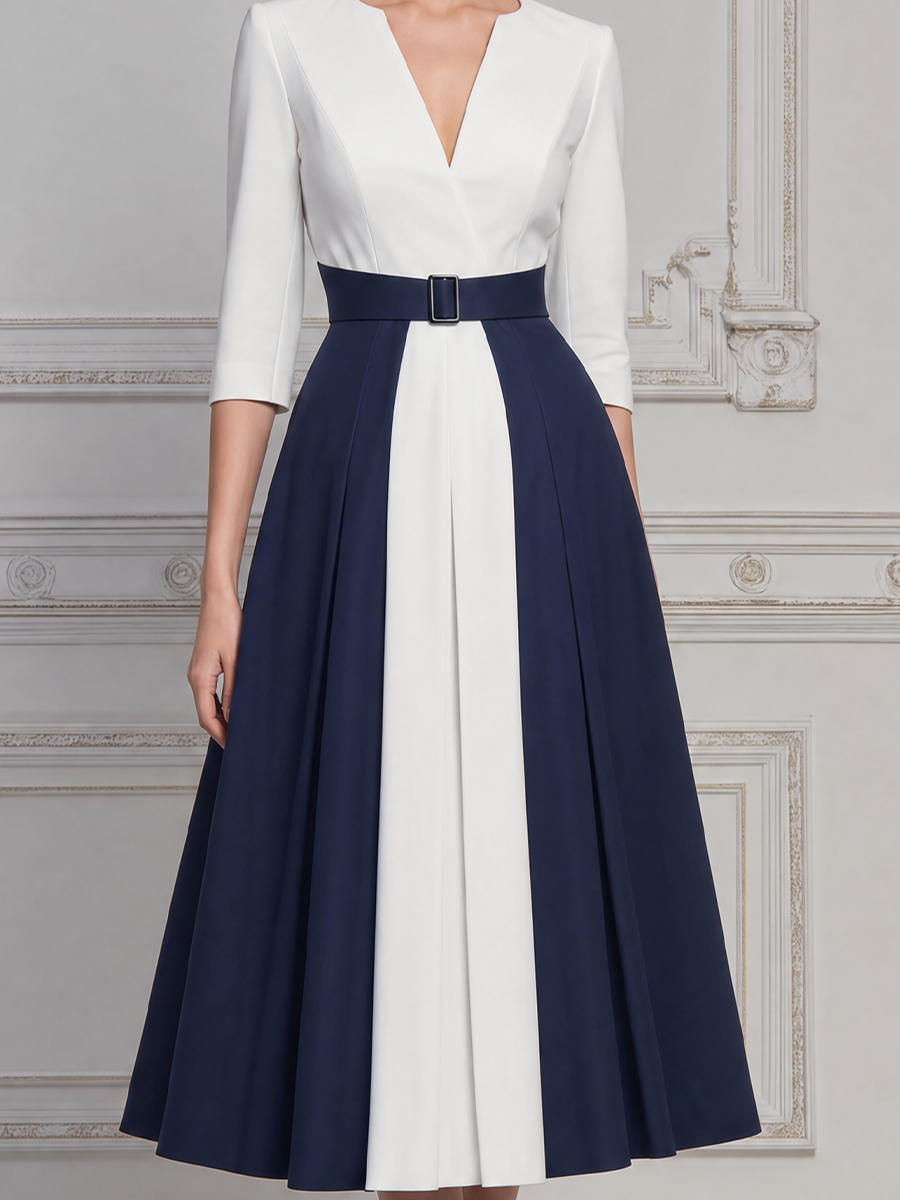White Dress Fall Wedding Guest Dress Navy Belted A-Line Midi Dress