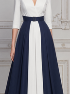 White Dress Fall Wedding Guest Dress Navy Belted A-Line Midi Dress