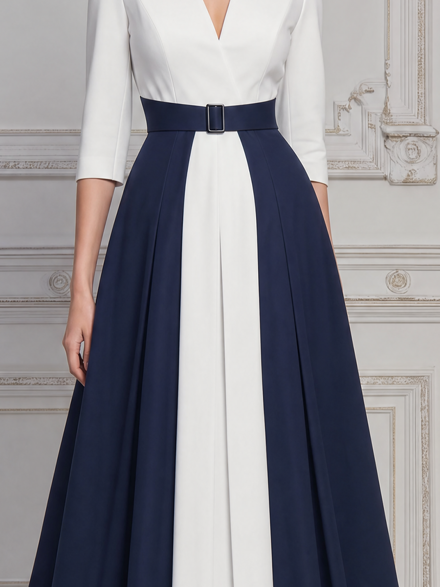White Dress Fall Wedding Guest Dress Navy Belted A-Line Midi Dress