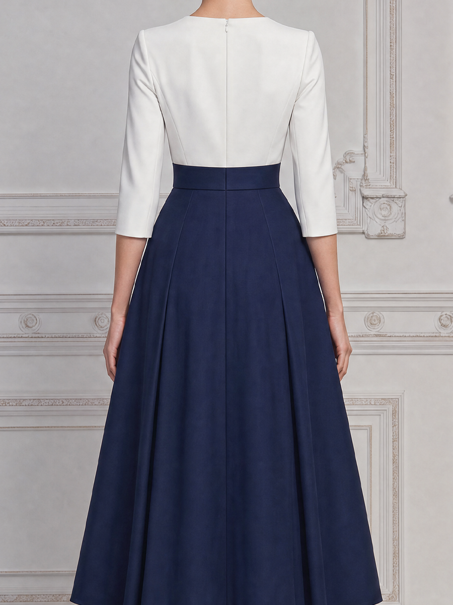 White Dress Fall Wedding Guest Dress Navy Belted A-Line Midi Dress