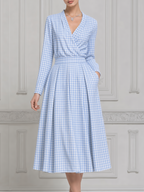 Blue Gingham Dress Preppy Wrap A-Line Midi Dress