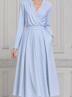 Blue Gingham Dress Preppy Wrap A-Line Midi Dress
