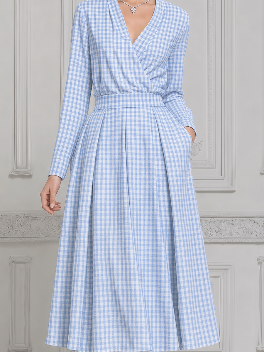 Blue Gingham Dress Preppy Wrap A-Line Midi Dress