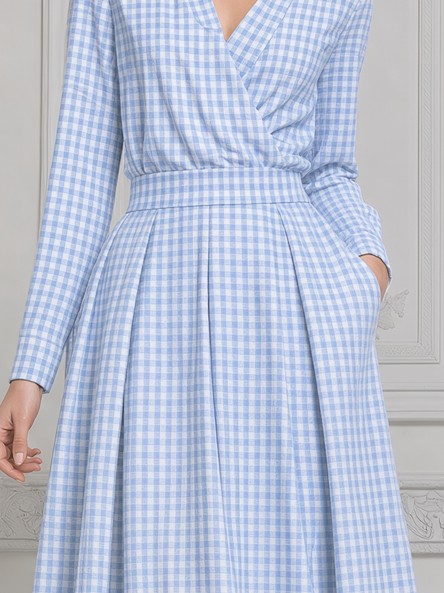 Blue Gingham Dress Preppy Wrap A-Line Midi Dress