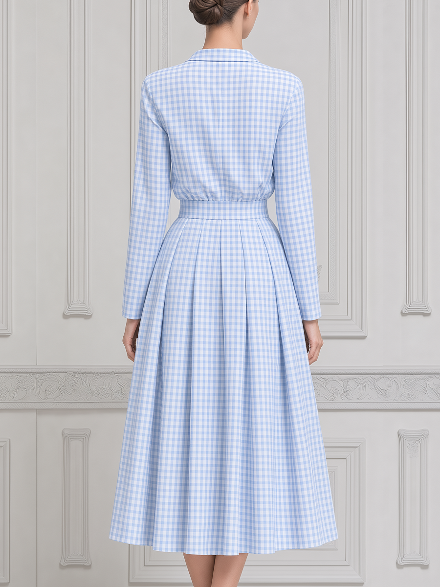 Blue Gingham Dress Preppy Wrap A-Line Midi Dress