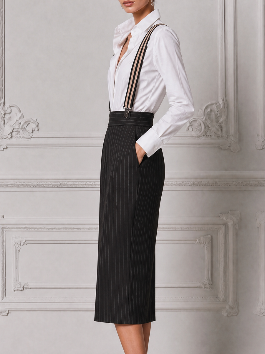 White Preppy Shirt & Black Pinstripe Suspender Pencil Skirt Set