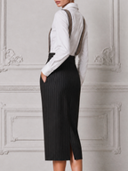 White Preppy Shirt & Black Pinstripe Suspender Pencil Skirt Set