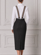 White Preppy Shirt & Black Pinstripe Suspender Pencil Skirt Set