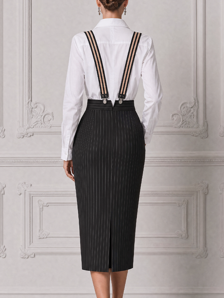 White Preppy Shirt & Black Pinstripe Suspender Pencil Skirt Set