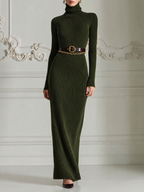 Olive Green Dress Stockholm Style Fall Fashion Ribbed Knit Belted Maxi Dress