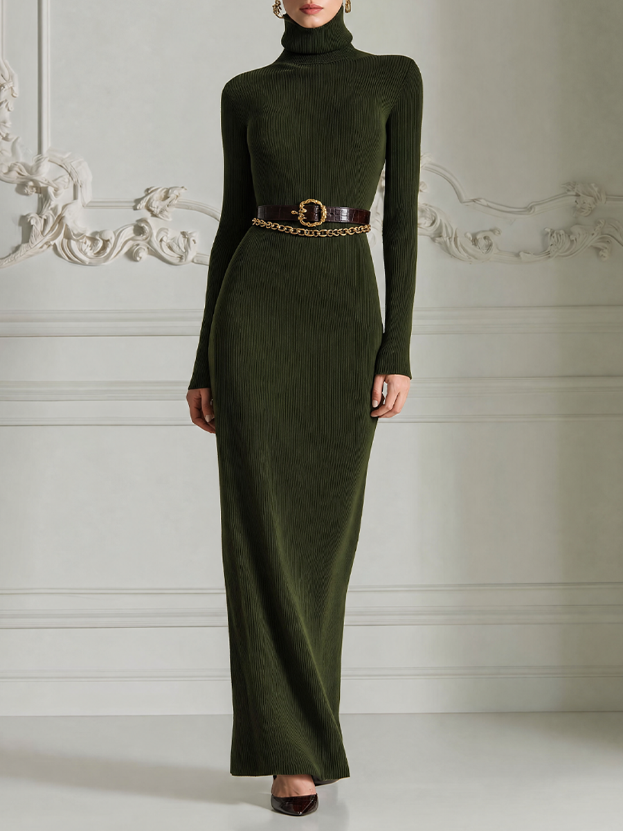 Olive Green Dress Stockholm Style Fall Fashion Ribbed Knit Belted Maxi Dress