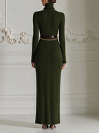 Olive Green Dress Stockholm Style Fall Fashion Ribbed Knit Belted Maxi Dress