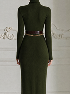 Olive Green Dress Stockholm Style Fall Fashion Ribbed Knit Belted Maxi Dress