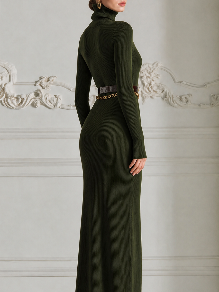 Olive Green Dress Stockholm Style Fall Fashion Ribbed Knit Belted Maxi Dress