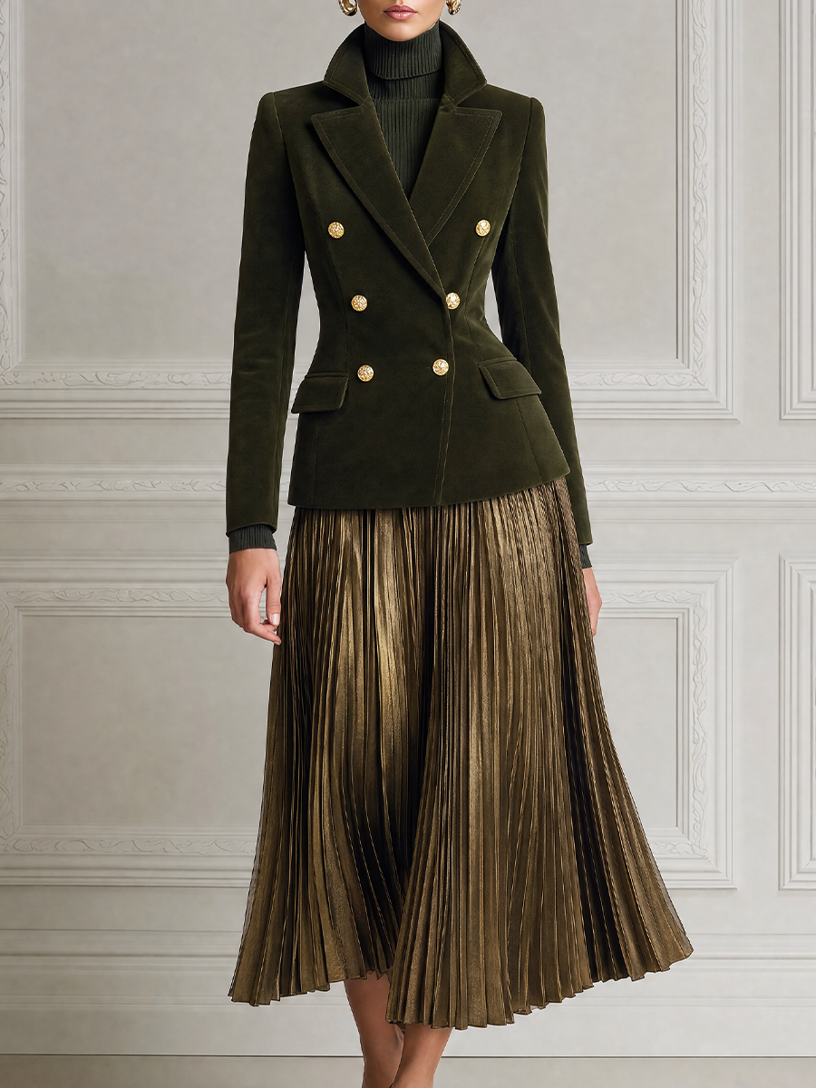 Olive Green Fall Fashion Velvet Blazer & Metallic Pleated Skirt Set